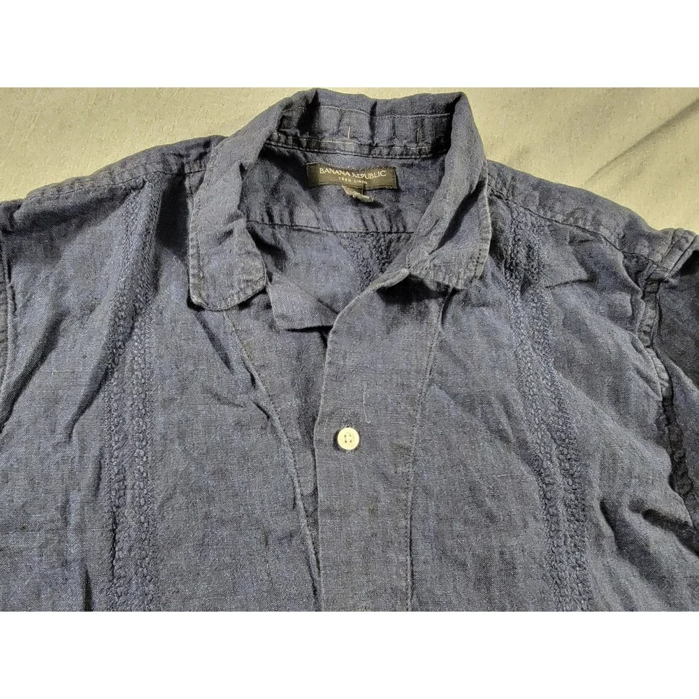 Banana Republic 100% Linen Guayabera Shirt Mens XS Indigo Blue‎ Button Up S/S